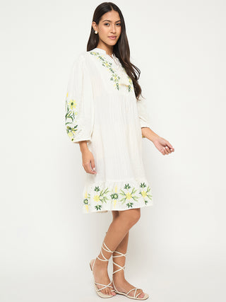 Madame Shanaya Kapoor Floral Embroidered Fit and Flare White Mini Dress