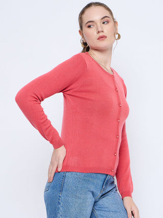 Madame Solid Coral Button Down Crew Neck Cardigan