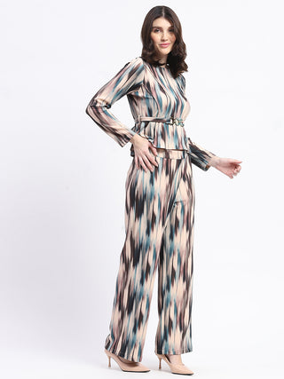Madame Knit Moss Printed Belted Top And Bottom Beige Co-Ord Set