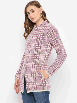 Madame Plaid Pattern Buttoned Wine Red Cardigan
