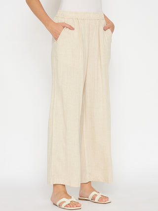 Madame Straight Fit Solid Beige Rayon Blend Trousers