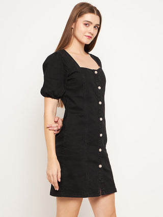 Madame Button Down Solid Black Mini Denim Dress