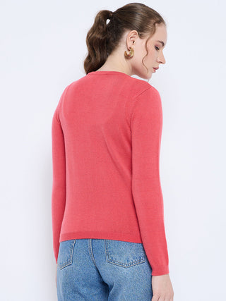Madame Solid Coral Button Down Crew Neck Cardigan