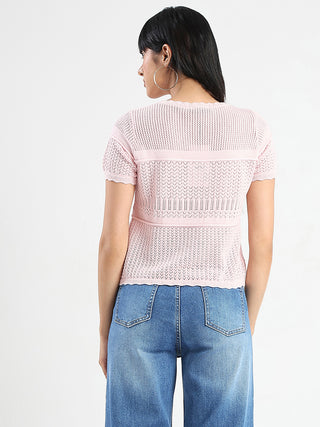 Madame Semi Sheer Knitted Cotton Blend Pink Top