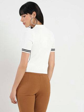 Madame Contrast Trim Polo Neck White Knitted T-shirt