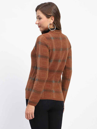 Madame Striped Brown V-Neck Buttoned Cardigan