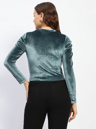 Madame Wrap Detailed Puff Sleeve Teal Top