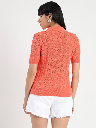 Madame Openwork Detail Textured Coral Orange Cotton Knitted Top