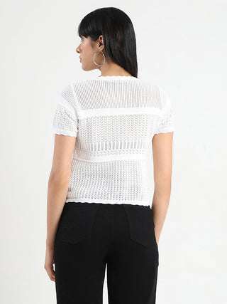 Madame Semi Sheer Knitted Cotton Blend White Top