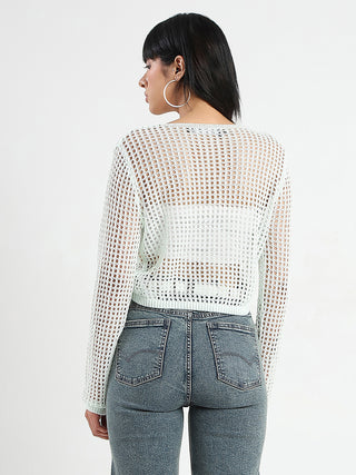 Madame Semi Sheer Drawstring Mint Green Knitted Crop Top