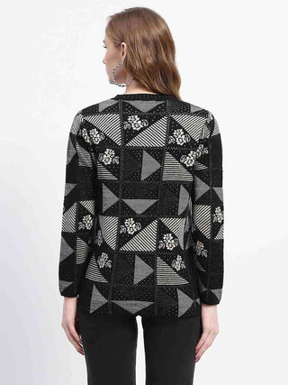 Madame Geometric Patterned Black and Grey Cardigan