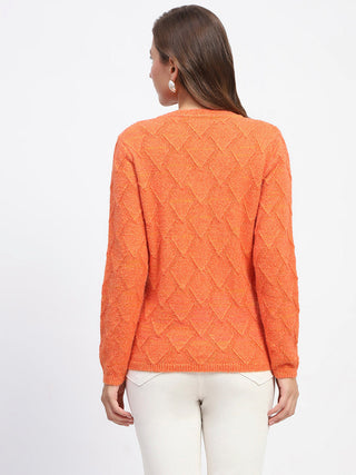 Madame Geometric Pattern V Neck Orange Cardigan