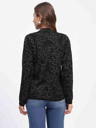 Madame Black Shimmer Printed Buttoned Cardigan