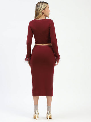 Madame Fur Sleeve Bodycon Wine Red Knit Co-ord Set