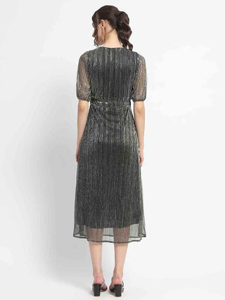 Madame Shimmery Corset Detailed Puff Sleeved Black Midi Dress