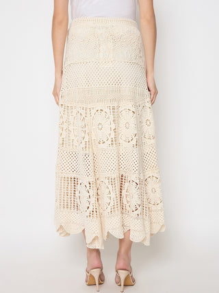 Madame Cotton Crochet Lace Tiered Beige Maxi Skirt