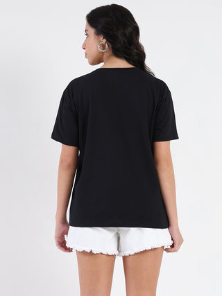 Madame Embellished Pocket Typography Black Cotton T-shirt