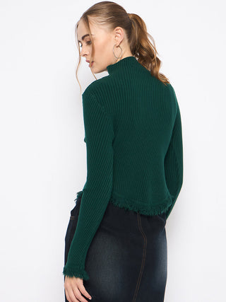 Madame Fringe Hem Mock Neck Green Sweater