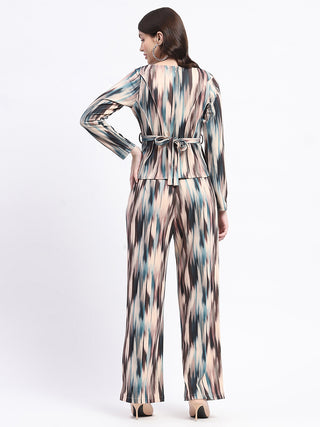 Madame Knit Moss Printed Belted Top And Bottom Beige Co-Ord Set