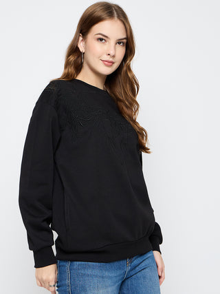 Madame Solid Black Cotton Blend Sweatshirt