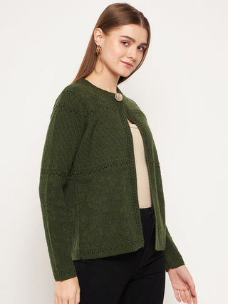 Madame Women Self Design Olive Cardigans