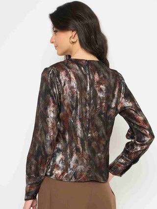 Madame Metal Buckled Neckline Tie Dye Black Satin Top