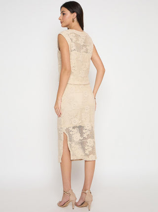 Madame Shanaya Kapoor Floral Lace Top and Midi Skirt Beige Co-ord Set