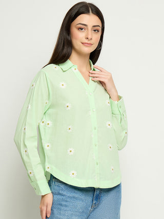 Madame Floral Embroidery Green Cotton Shirt