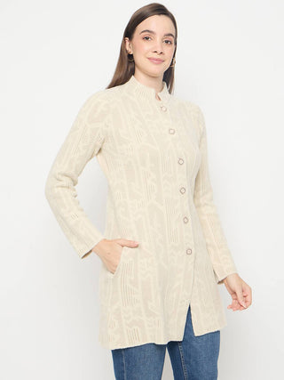 Madame Abstract Print Long Beige Cardigan