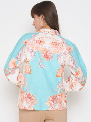 Madame Floral Print Colorblock Blue Shirt
