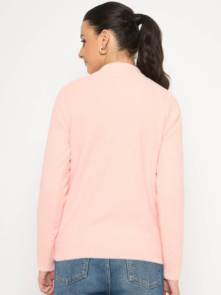Madame V Neck Solid Peach Cardigan