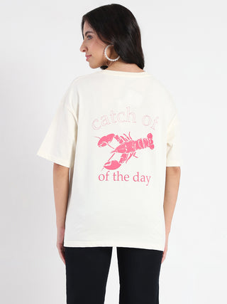 Madame Graphic Print Half Sleeve Off White Cotton T-shirt