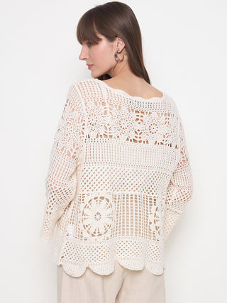Madame Crochet Bell Sleeve Beige Knit Top