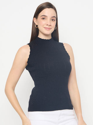 Madame Metallic Fabric Black Sleeveless Sweater