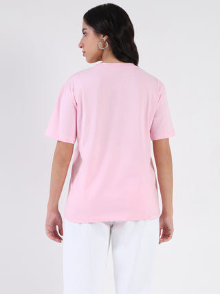 Madame Embroidered Half Sleeve Pink Cotton T-shirt