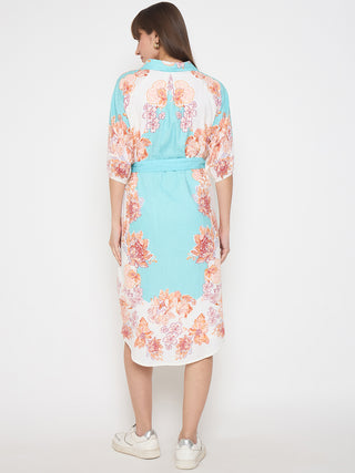 Madame Blue Colorblock Floral Cotton Midi Shirt Dress