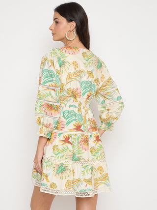 Madame Shanaya Kapoor Floral Print Tiered Off White Mini Dress