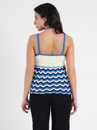 Madame Sleeveless Chevron Pattern Ribbed Trim Knit Top
