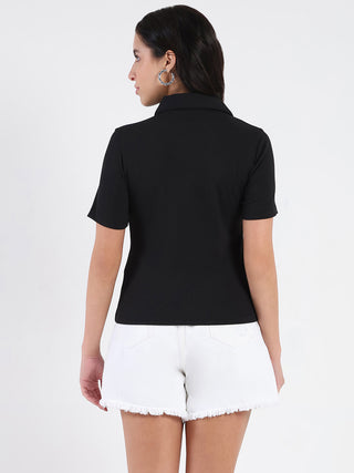 Madame Solid Black Polo Pique T-shirt