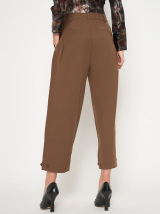 Madame Buckled Hem Warm Tan Rayon Blend Trousers