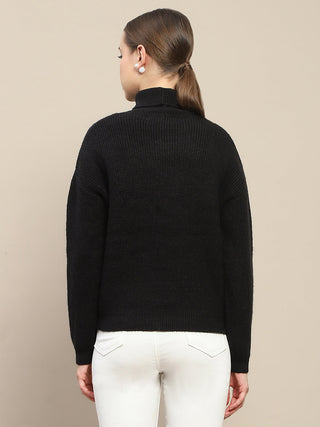 Madame Self Design Black Turtleneck Sweater