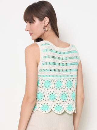 Madame Crochet Sleeveless Solid Green Cotton Top