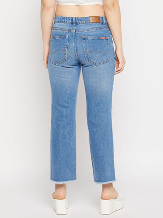 Madame Ripped Mid-Rise Double Wash Cropped Straight Fit Jeans