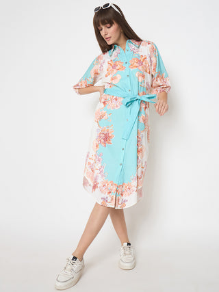 Madame Blue Colorblock Floral Cotton Midi Shirt Dress