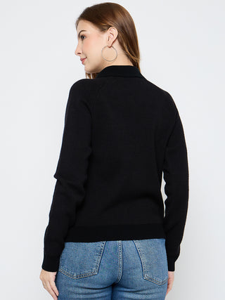 Madame Embroidered Zipped Black Sweater
