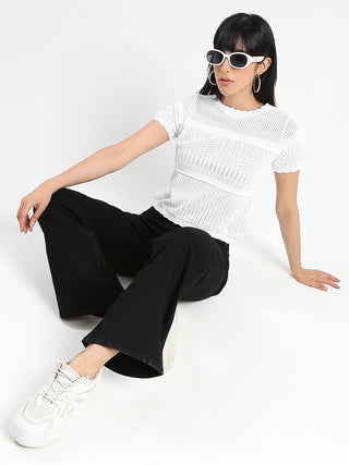 Madame Semi Sheer Knitted Cotton Blend White Top