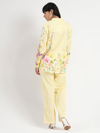 Madame Printed Shirt and Trousers Yellow Cotton Co-ord Set