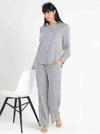Madame Striped Navy Blue Cotton Blend Shirt