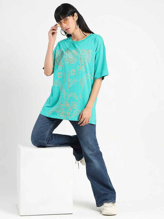 Madame Graphic Print Half Sleeve Peacock Green Cotton T-Shirt
