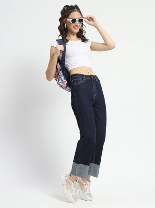 Madame Rolled Hem Straight Fit Solid Dark Blue Cotton Denim